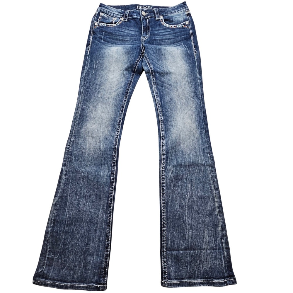 Grace in LA Easy Fit‎ Bootcut Jeans Dark Wash Embellished Cross Pockets Size 29